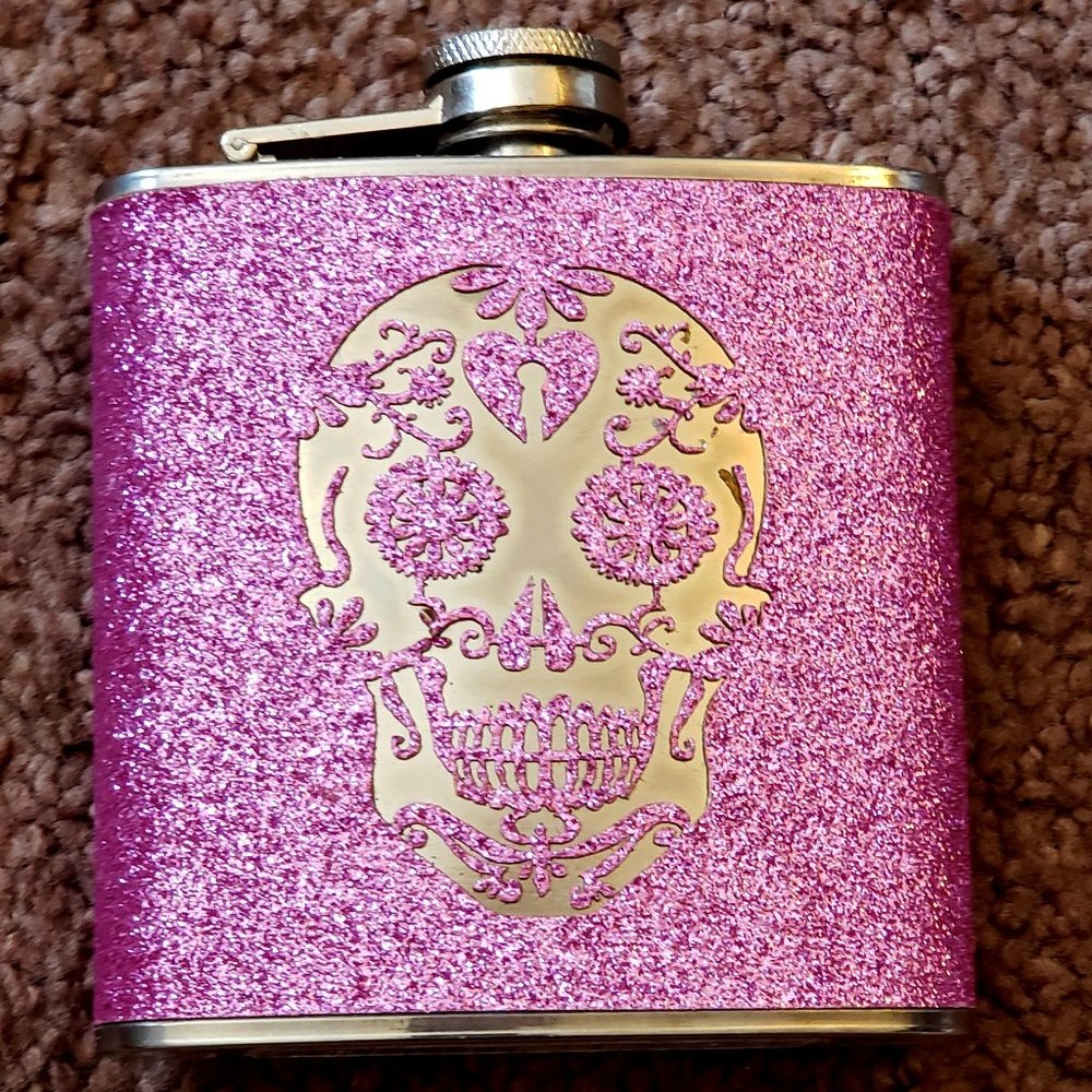 Pink Glitter Chrome Sugar Skull Flask